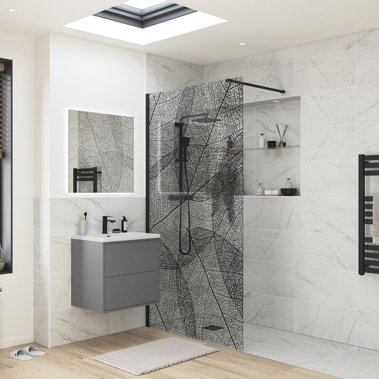 Lowri Black Leaf Design Wetroom Panel - 1200mm(w)