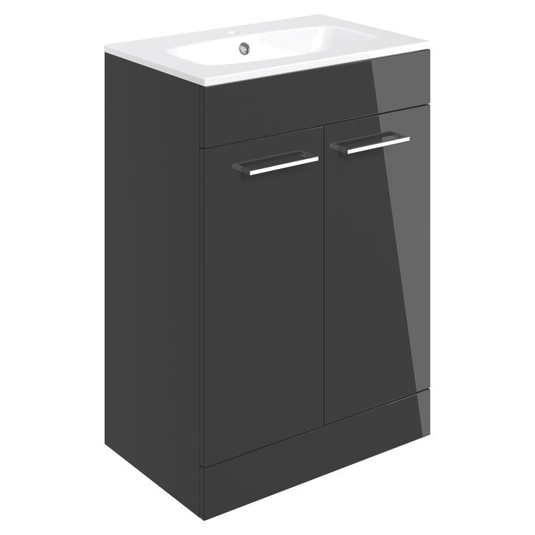 Naha 610mm(w) Floor Standing 2 Door Basin Unit With Basin - Anthracite Gloss