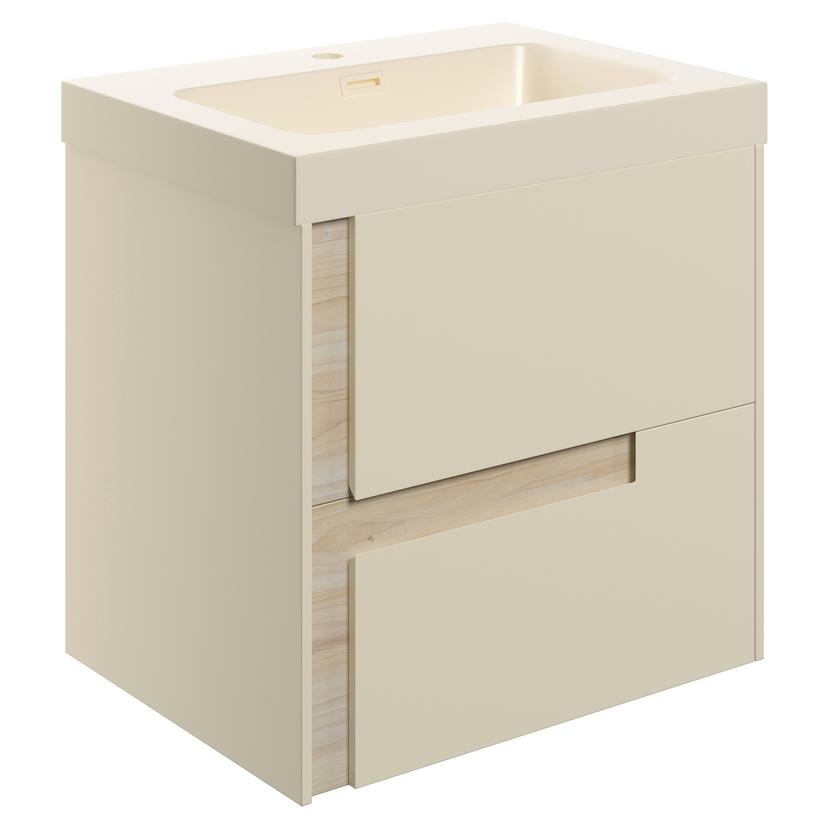 Hiroshi 605mm (W) x 610mm (H) x 760mm (D) Wall Hung 2 Drawer Basin Unit & Co-ordinating Basin - Matt Cotton & Oak Effect