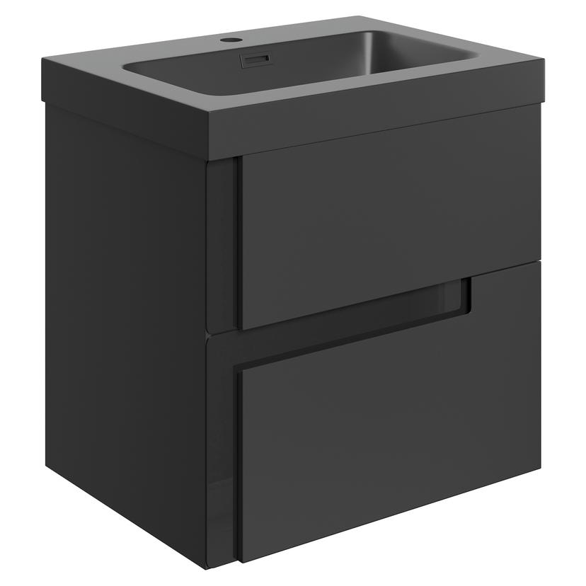 Hiroshi 605mm (W) x 610mm (H) x 760mm (D) Wall Hung 2 Drawer Basin Unit & Co-ordinating Basin - Matt Black & Glass