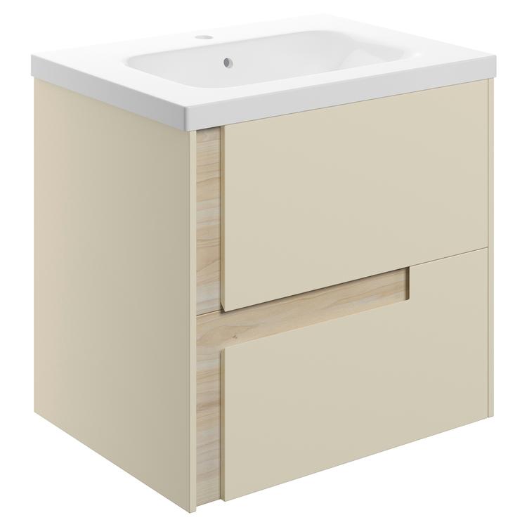 Hiroshi 615mm (W) x 610mm (H) x 760mm (D) Wall Hung 2 Drawer Basin Unit & White Basin - Matt Cotton & Oak Effect