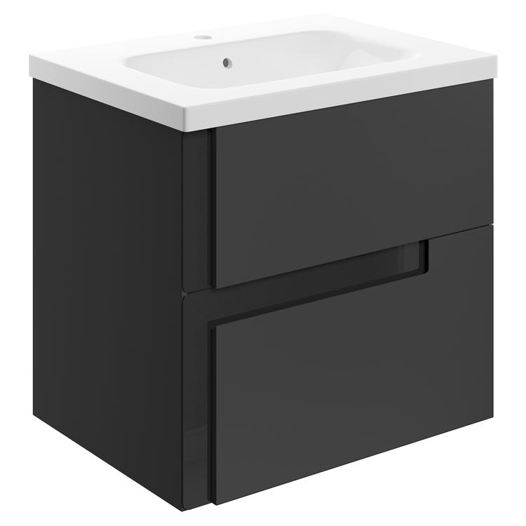 Hiroshi 615mm (W) x 610mm (H) x 760mm (D) Wall Hung 2 Drawer Basin Unit & White Basin - Matt Black & Glass