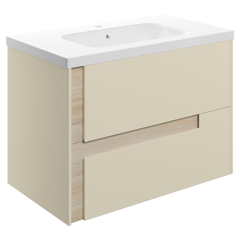 Hiroshi 815mm (W) x 610mm (H) x 760mm (D) Wall Hung 2 Drawer Basin Unit & White Basin - Matt Cotton & Oak Effect