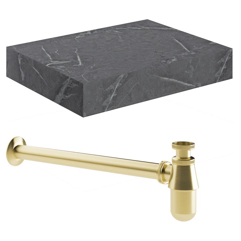 Kenzo 600mm (W) x 100mm (H) x 460mm (D) Wall Hung Grey Marble Basin Shelf & Brushed Brass Bottle Trap