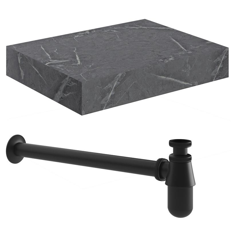 Kenzo 600mm (W) x 100mm (H) x 460mm (D) Wall Hung Grey Marble Basin Shelf & Black Bottle Trap