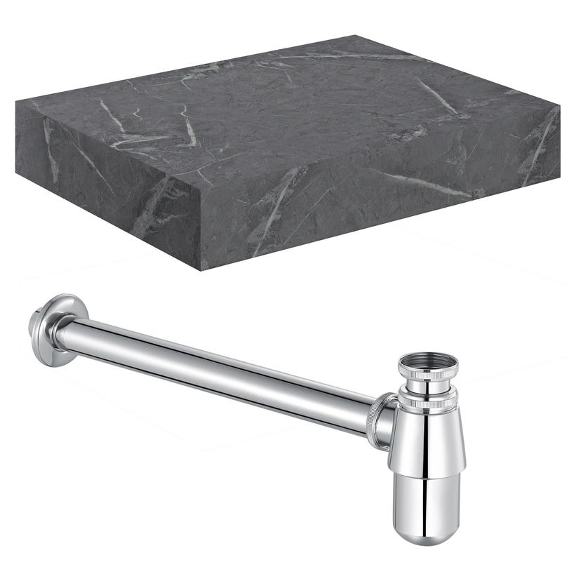 Kenzo 600mm (W) x 100mm (H) x 460mm (D) Wall Hung Grey Marble Basin Shelf & Chrome Bottle Trap