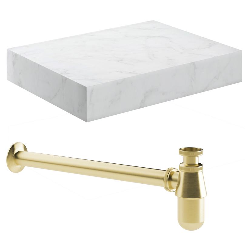 Kenzo 600mm (W) x 100mm (H) x 460mm (D) Wall Hung White Marble Basin Shelf & Brushed Brass Bottle Trap