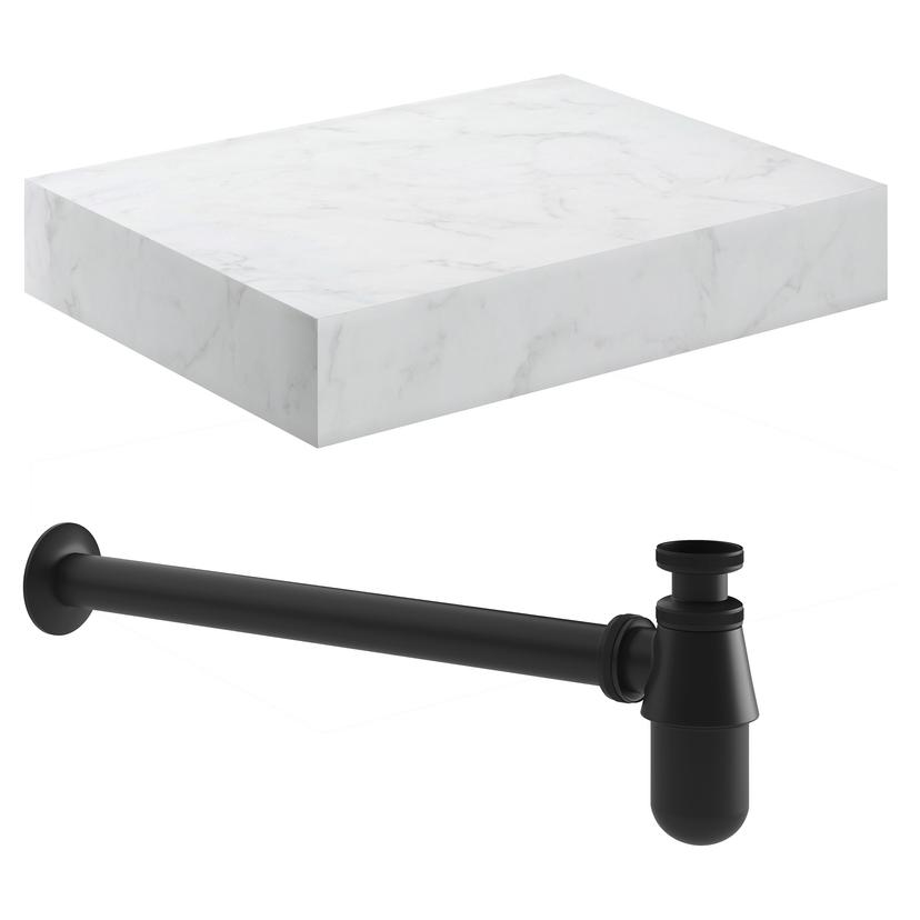 Kenzo 600mm (W) x 100mm (H) x 460mm (D) Wall Hung White Marble Basin Shelf & Black Bottle Trap