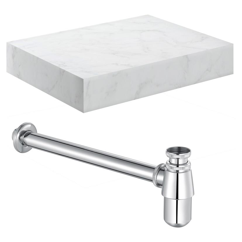 Kenzo 600mm (W) x 100mm (H) x 460mm (D) Wall Hung White Marble Basin Shelf & Chrome Bottle Trap