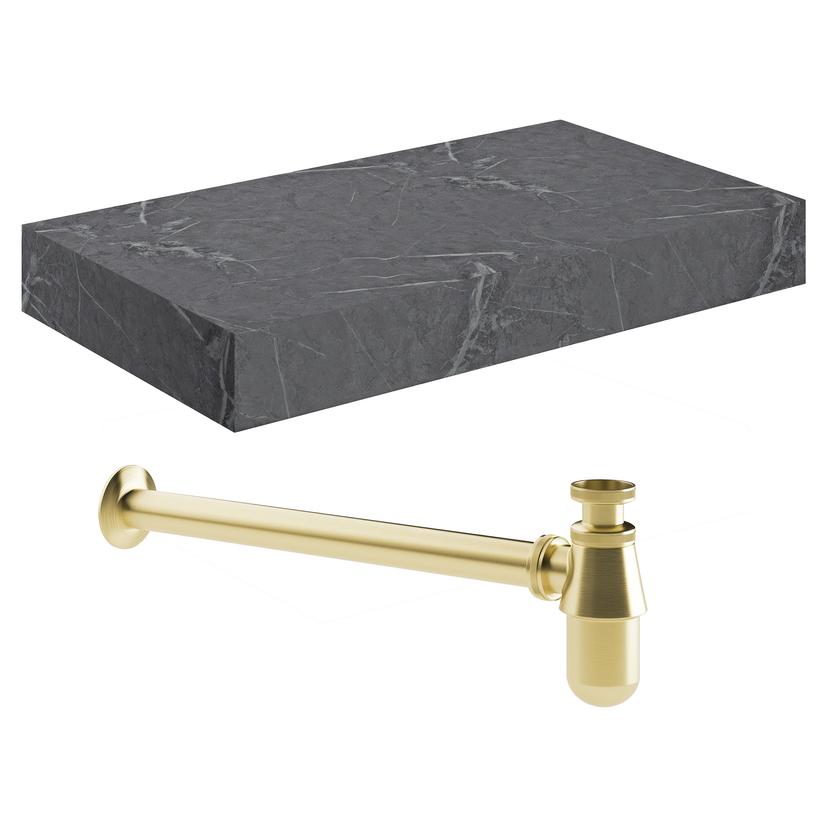 Kenzo 800mm (W) x 100mm (H) x 460mm (D) Wall Hung Grey Marble Basin Shelf & Brushed Brass Bottle Trap