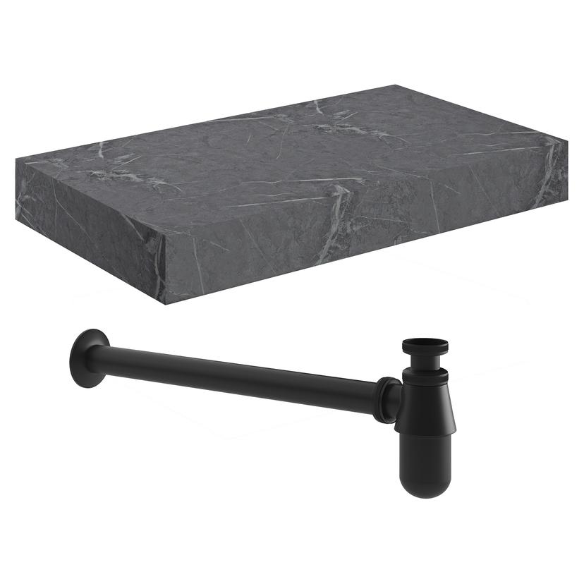 Kenzo 800mm (W) x 100mm (H) x 460mm (D) Wall Hung Grey Marble Basin Shelf & Black Bottle Trap