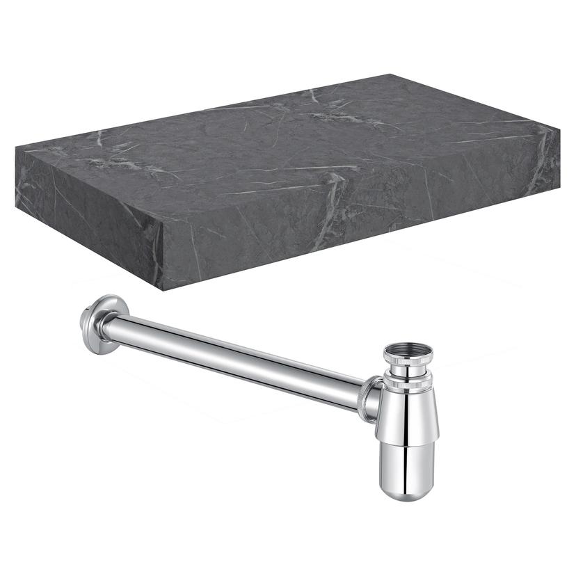 Kenzo 800mm (W) x 100mm (H) x 460mm (D) Wall Hung Grey Marble Basin Shelf & Chrome Bottle Trap