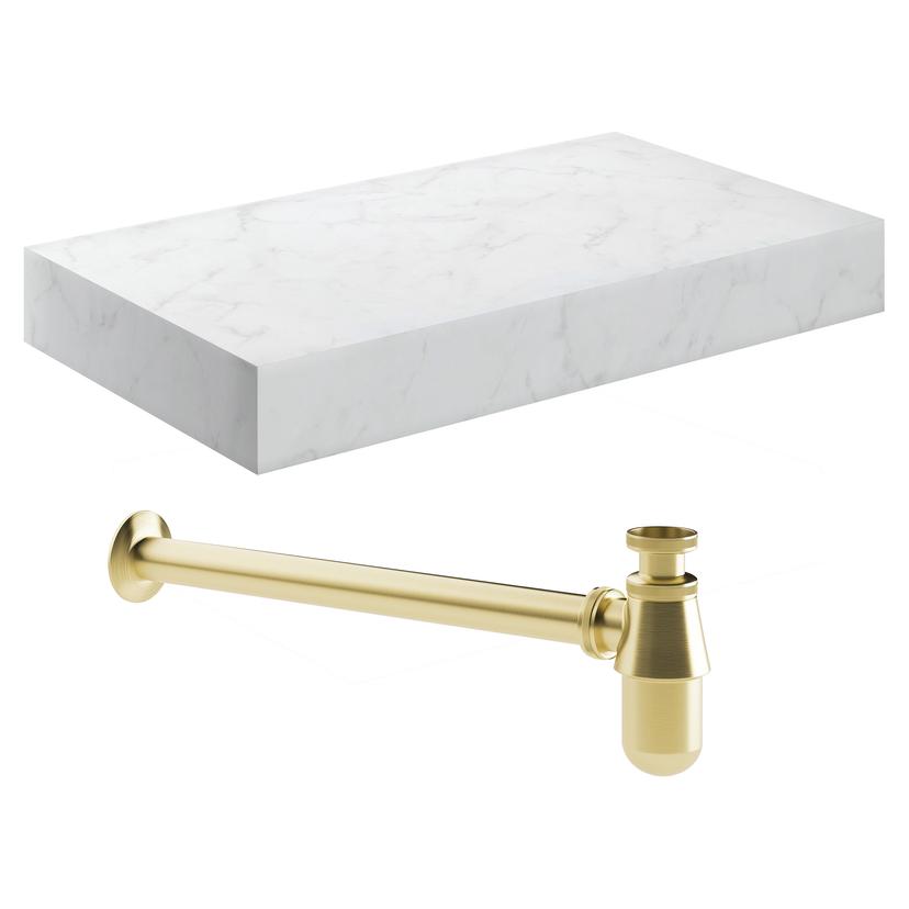 Kenzo 800mm (W) x 100mm (H) x 460mm (D) Wall Hung White Marble Basin Shelf & Brushed Brass Bottle Trap