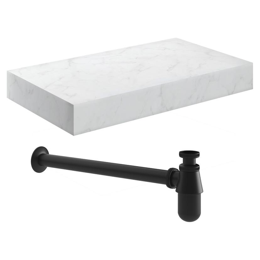 Kenzo 800mm (W) x 100mm (H) x 460mm (D) Wall Hung White Marble Basin Shelf & Black Bottle Trap