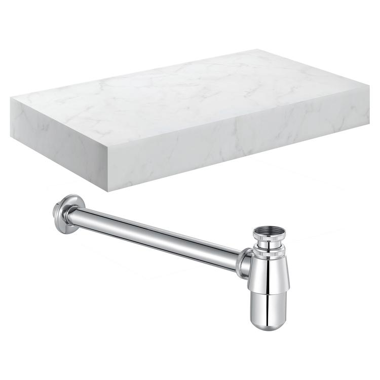 Kenzo 800mm (W) x 100mm (H) x 460mm (D) Wall Hung White Marble Basin Shelf & Chrome Bottle Trap